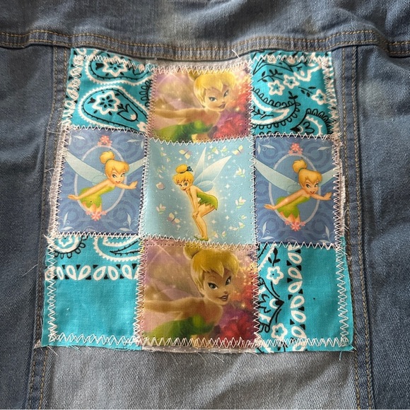 Upcycled Denim Jean jacket  patchwork Tinker Bell ruffle frayed edges girls - Picture 6 of 10